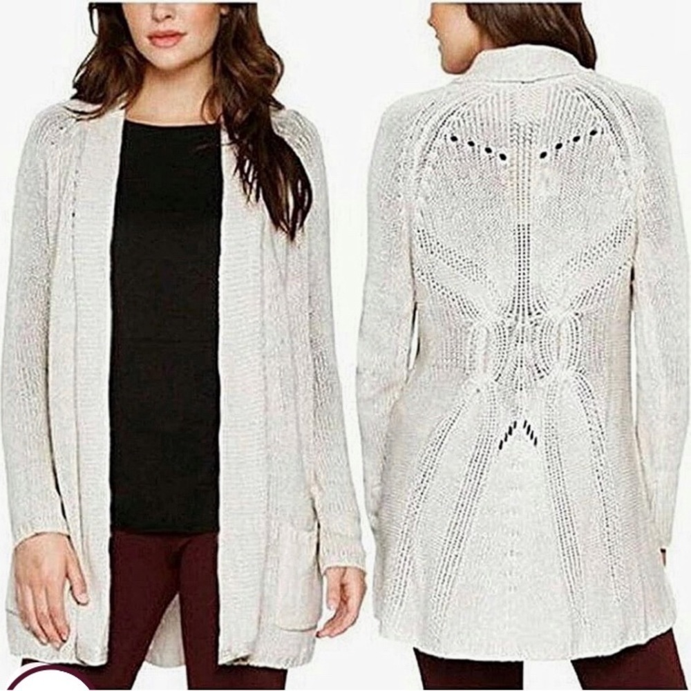 Matty M Cardigan Sweater Ivory Long Open Front Long Sleeve Soft Wool Blend (M)